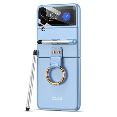 Imagem de DENSUL Capa fina para Samsung Galaxy Z Flip 4, capa de PC durável, proteção total à prova de choque com slot para caneta de armazenamento e capa de anel de metal resistente a impressões digitais, azul