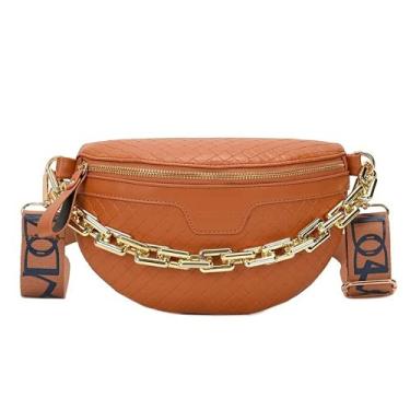 Imagem de Pochete feminina de corrente grossa, bolsa de cintura de couro xadrez, bolsas transversais de ombro, bolsas de mão de designer de luxo, bolsa feminina com cinto, Marrom, Small, Clássico
