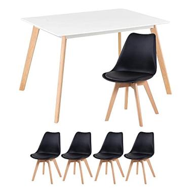 Imagem de Loft7, Mesa de jantar retangular 80 x 120 cm branco + 4 cadeiras estofadas Leda preto