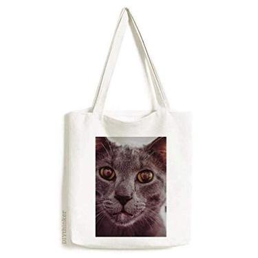 Imagem de Sacola de lona com foto de gato cinza olho grande bolsa de compras bolsa casual