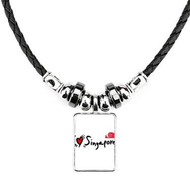 Imagem de DIYthinker Colar I Love Singapura, bandeira de palavras, amor, coração, ilustração, joias, torque, pingente de corda de couro