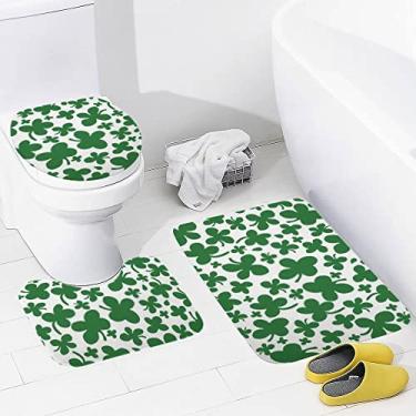 Imagem de Conjunto de tapetes de banheiro 3 peças verde folha do dia de São Patrício tapete de banheiro lavável antiderrapante tapete de contorno e tampa para banheiro