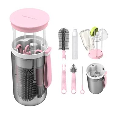 Imagem de TechoEcho Conjunto de escova de mamadeira para viagem com escova extensível de silicone líquido, escova de mamilo, suporte de secagem de mamadeira embutido, escova de limpeza de canudo, dispensador de sabonete de mamadeira, aquecedor de mamadeira (rosa)