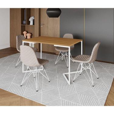 Imagem de Mesa Jantar Industrial Retangular Base V 120x75cm Canela + 4 Cadeiras Estofada Nude Claro Aço Branco