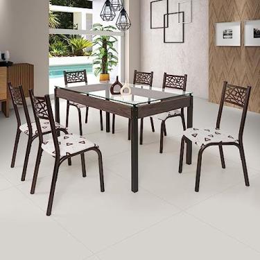 Imagem de Conjunto Sala de Jantar Mesa Jade 140x80cm Tampo Vidro com 6 Cadeiras Ciplafe Bronze/bege Geométrico