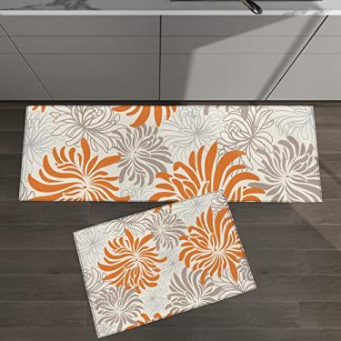 Imagem de Conjunto de 2 tapetes de cozinha vintage flor de crisântemo laranja cinza para tapetes acolchoados no chão e tapetes antiderrapantes absorventes corredor confortável tapete de pé