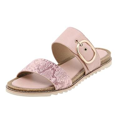 Imagem de Sandália feminina com estampa de pele de cobra nova sandália de verão para meninas de fundo plano fivela de metal moda casual sandálias e chinelos femininos (rosa, 6,50)