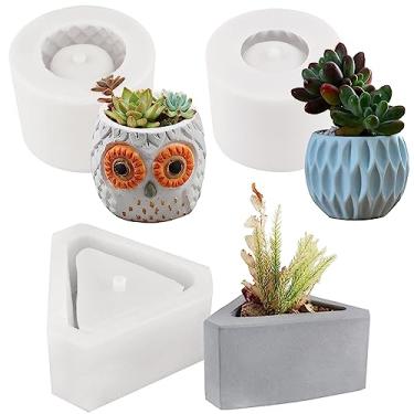 Imagem de FUNSHOWCASE Vaso de flores com orifícios de drenagem, moldes de silicone, triângulo, coruja e chique urbano, para resina epóxi, argila concreta, suculenta, vaso, cinzeiro, vela, suporte de caneta