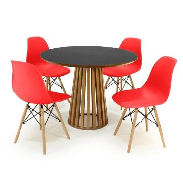 Imagem de Conjunto Mesa de Jantar Redonda Luana Amadeirada Preta 100cm com 4 Cadeiras Eames Eiffel - Vermelho