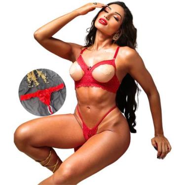 Imagem de Conjunto Lingerie Feminina Rendada Kit Laço Cetim Sensual Calcinha Tai