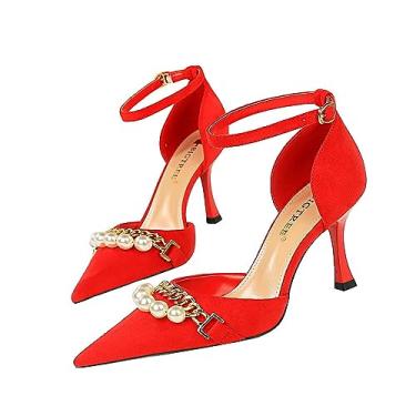 Imagem de YGJKLIS Sandálias femininas de salto alto de camurça com tira no tornozelo de 8 cm salto agulha bico fino moda decoração corrente sapatos de vestido de noite, Vermelho, 6