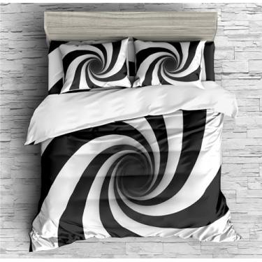 Imagem de Faeralei Conjunto de edredom com furo 3D em um saco, 7 peças, redemoinho retrô preto e branco, incluindo 1 lençol com elástico + 1 edredom + 4 fronhas + 1 lençol de cima (C, cama queen em uma bolsa -