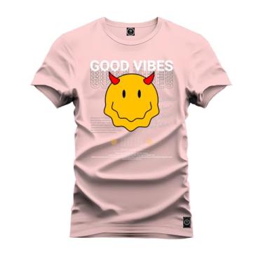 Imagem de Camiseta Plus Size Unissex Algodão Macia Premium Estampada Good Vibes Rosa G1