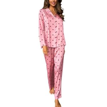 Imagem de MOLUCI Conjunto de Pijama Feminino com Estampa de Coração de Cetim Leve Manga Comprida Camisa Frontal e Calças 2 Peças Roupa de Dormir,Pink,S