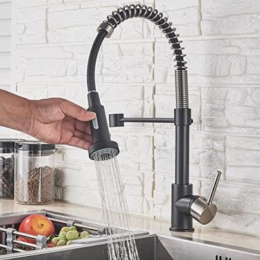 Imagem de Torneira de cozinha pull out stream pulverizador deck montado preto fosco torneira misturadora rotação de 360 graus pia da cozinha torneiras quentes e frias, níquel e preto
