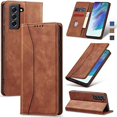 Imagem de Jasonyu Flip Carteira Capa para Samsung S21 FE,Capinha Folio Magnética de Couro com Suporte para Cartão,Suporte para Chute - Protetora Durável de TPU à Prova de Choque para Telefone,Marrom