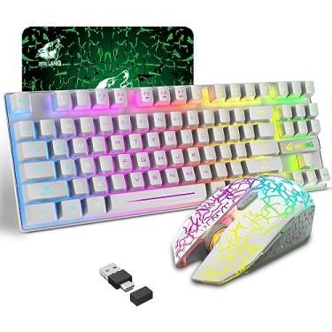 Imagem de Combinação de teclado e mouse para jogos sem fio com 87 teclas Rainbow LED retroiluminado bateria recarregável de 3800mAh Anti-ghosting Ergonômico RGB Mute Mouse para computador PC Gamer (branco)