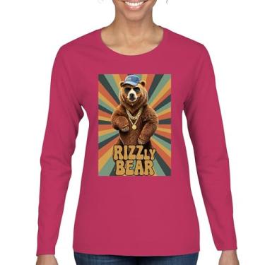 Imagem de Rizzly Bear Camiseta feminina engraçada manga longa Charisma Trocadilho charmoso meme Grizzly Flirting Smooth Talker Namoro Confiança, Rosa choque, P