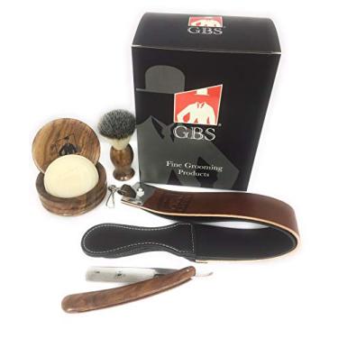 Imagem de GBS Professional Shave Pronto reta da borda da navalha de barbear Set 5 Piece - Soap, bacia de madeira, Madeira Shave Pronto lâmina reta e Jóias Premium Madeira Shave Pincel grandes homens manual Folding Navalha
