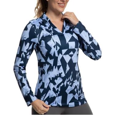 Imagem de GGOV Tops de treino de manga comprida polo de golfe feminino, camisas de tênis, proteção solar FPS 50+, secagem rápida, umidade, absorção, ativo, Geometria preta, G