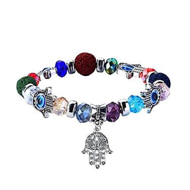 Imagem de Zeshimb Pulseira Hamsa de olho turco com contas de cristal Fátima pulseira de mão elástica lateral olho azul Hamsa pulseira turca olho turco joia para mulheres e homens, Cristal Resina