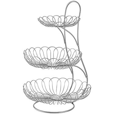 Imagem de Tigela de frutas de 3 andares de fio de metal para a bancada decorativa Cesta de frutas redonda Suporte de geada de arte de ferro - Cesta de drenagem de armazenamento atraente de cestas de a
