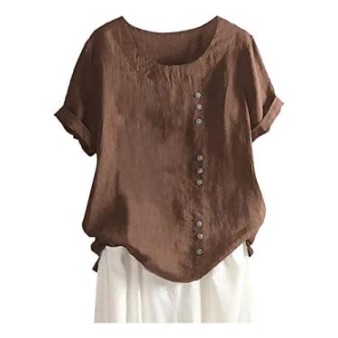 Imagem de Camiseta feminina de linho de cor sólida, manga curta, gola redonda, botões, roupas de verão, Marrom, M