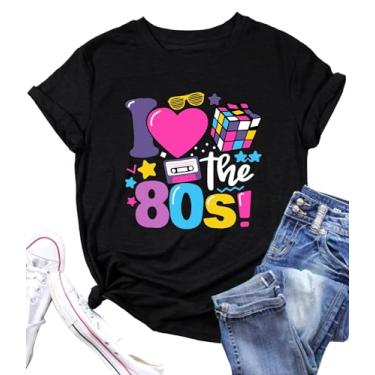 Imagem de PECHAR Camiseta feminina I Love The 80's Vintage 80s Music Graphic Camiseta de manga curta para festa dos anos 80, Preto, GG