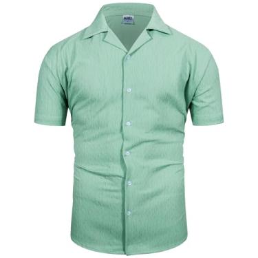 Imagem de MOHEZ Camisa masculina casual de botão, manga curta, gola cubana, praia, verão, texturizada, solo, férias, Verde 02, P