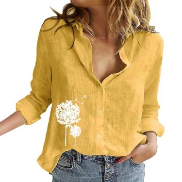 Imagem de Camisetas femininas de linho, estampa de dente-de-leão, solta, gola V, botão, túnica de verão, camisetas para sair, 2 - amarelo, XXG