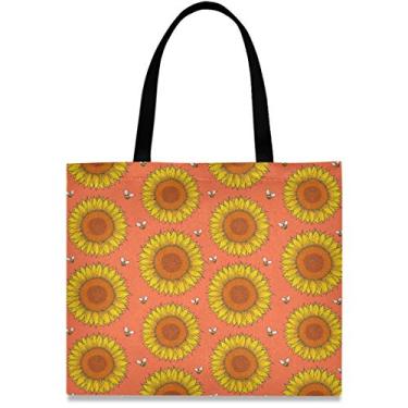 Imagem de visesunny Bolsa feminina grande de lona, bolsa de ombro, girassol e abelha, alça de armazenamento, bolsa de compras, casual, reutilizável, para praia, viagens, compras, livros