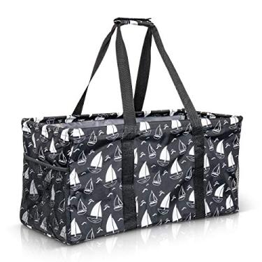Imagem de Bolsa utilitária extra grande – Cesta retangular grande dobrável de lona com dois bolsos externos para praia, piscina, lavanderia, porta-malas, armazenamento – veleiro