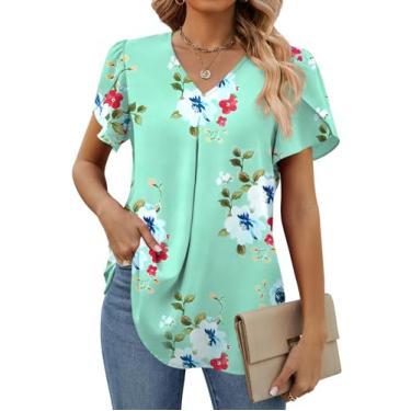 Imagem de Funlingo Blusas femininas de verão de manga curta de chiffon elegantes com decote em V, túnica de trabalho, camisetas casuais soltas, Verde menta, XG