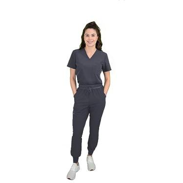 Imagem de Green Town Blusa feminina com gola V e calça de ioga slim fit jogger conjunto médico GT 4FLEX blusa e calça, Estanho, Small Petite