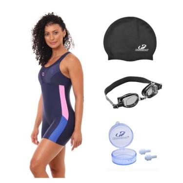 Imagem de Kit Macaquinho Natação Hidroginástica com Touca Óculos UV E Protetor (Marinho/Azul/Rosa - Óculos Preto (Lente Fumê), GG)