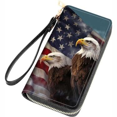 Imagem de FQTBCEARI Carteira feminina com estampa de Filipenses 4 a 13 com citações cruzadas de couro PU com zíper bolsa clutch para smartphone/cartão/moeda/dinheiro, Águia americana patriótica