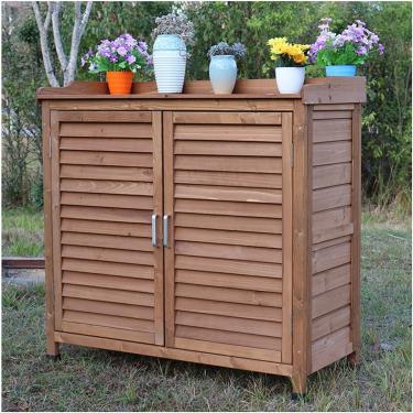 Imagem de Armário de jardim de madeira ao ar livre, à prova d'água à prova de sol, sapateira espaçosa para corredor de varanda de jardim, armário de armazenamento de ferramentas durável, marrom-a