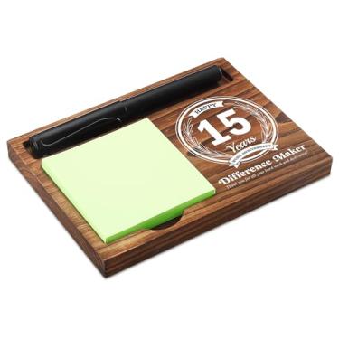 Imagem de Porta-notas adesivas para aniversário de 15 anos de trabalho e suporte de caneta de madeira 16,5 cm x 12 cm Dispensador de bloco de notas adesivas para fazer diferenças de mesa, presentes de