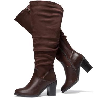 Imagem de Luoika Botas femininas extra largas na altura do joelho de cowgirl, cano alto, largo, cano alto, salto grosso, botas ocidentais plus size., Marrom 209, 9.5 X-Wide