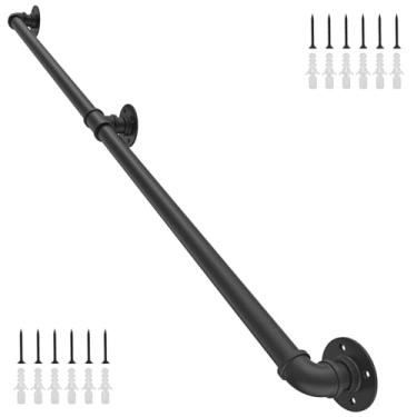 Imagem de OKAYAUTO Corrimão de escada industrial de 1,8 m, corrimão de escada para escadas externas e internas, corrimão de varanda (1,8 metros), degraus, cano de ferro preto.