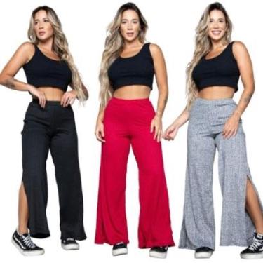 Imagem de KIT 5 Conjunto Cropped Canelado + Calça Pantalona Bella Fiore Com Fenda Canelada Moda Casual-Feminino
