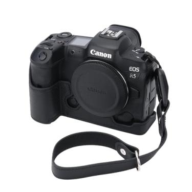 Imagem de Capa para câmera Canon EOS R5, capa de couro genuíno feita à mão para câmera Canon EOS R5 versão com abertura inferior + alça de mão (preto)