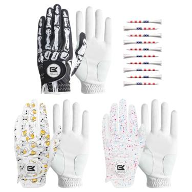 Imagem de Luvas de golfe masculinas para golfista destro, mão esquerda, pacote com 3 com marcador de bola e 10 camisetas com bandeira dos EUA, luvas de golfe masculinas de couro de 8,5 cm (preto + branco +