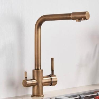 Imagem de Torneira de cozinha com filtro, torneira de cozinha com água potável, montada no deck, alças duplas, misturador de água quente e fria, latão antigo