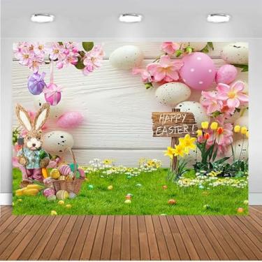 Imagem de CHAIYA Pano de fundo de fotografia de páscoa de 20,5 x 15,5 m Fundo de parede de madeira rústico coelho ovos coloridos grama verde floral bebê crianças Páscoa decoração banner CY205