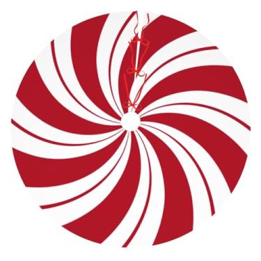 Imagem de Saia de árvore de Natal tradicional com estampa de pirulito de bengala doce vermelha e branca de 122 cm