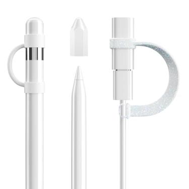 Imagem de DTTO Pacote com 4 acessórios de silicone para Apple Pencil 1ª geração, acessórios de proteção antiperda incluem suporte de tampa de lápis, capa de ponta, cabo adaptador de cabo, branco/cores