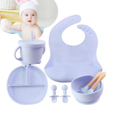 Imagem de Kit Refeição Bebê Babador Prato Talher Copo Silicone Azul - genérica