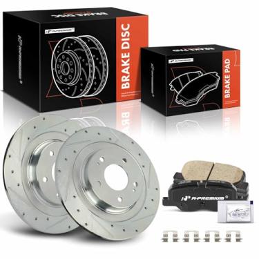 Imagem de A-Premium 11,89 pol. (302 mm) Rotores de freio a disco perfurado e ranhurado traseiro + kit de pastilhas de cerâmica compatível com modelos selecionados Mitsubishi - Outlander 2014-2018, Outlander