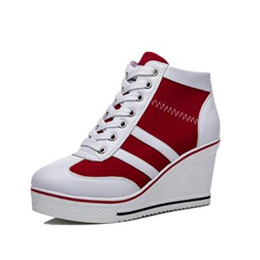Imagem de Mei MACLEOD Tênis feminino plataforma plataforma salto alto botas de cano curto casual sapatos de lona, Vermelho, 39